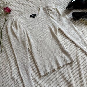 Express Cream Textured Knit Crew Neck Sweater